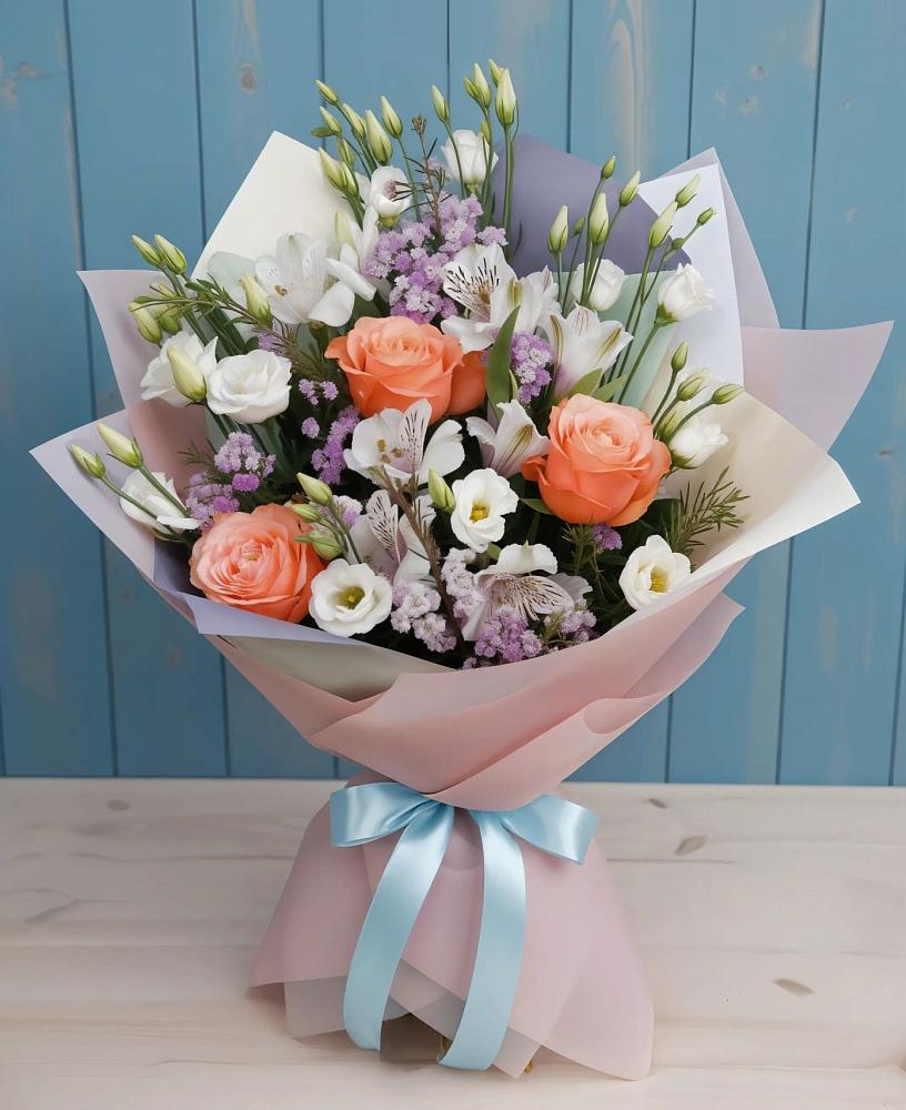 Букет цветов из: Лизиантусы, Розы, Альстромерии и Гипсофила в Перевицкий Торжок